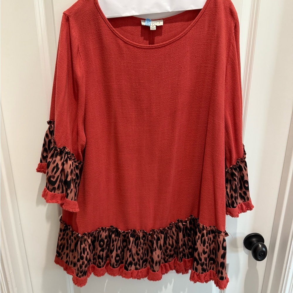 Umgee Red Top With Leopard Print Trim - image 1